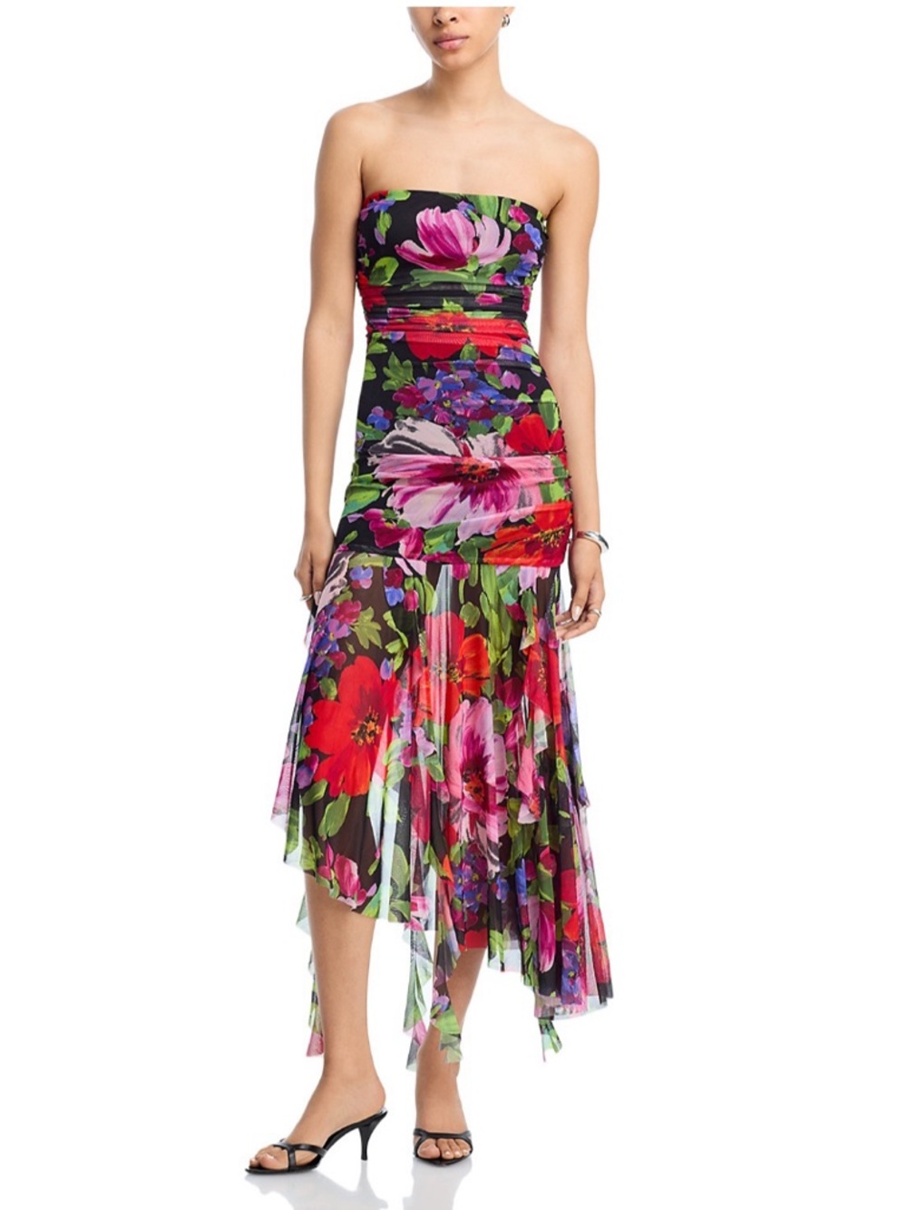 NEW Aqua Strapless Floral Handkerchief Hem Dress - Black, Pink, Red, Green